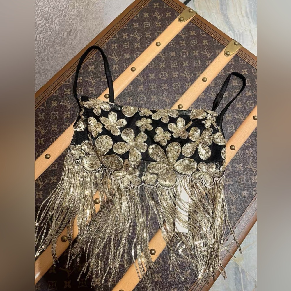 Authentic For Love And Lemons Gold Floral Fringe Crop Top
